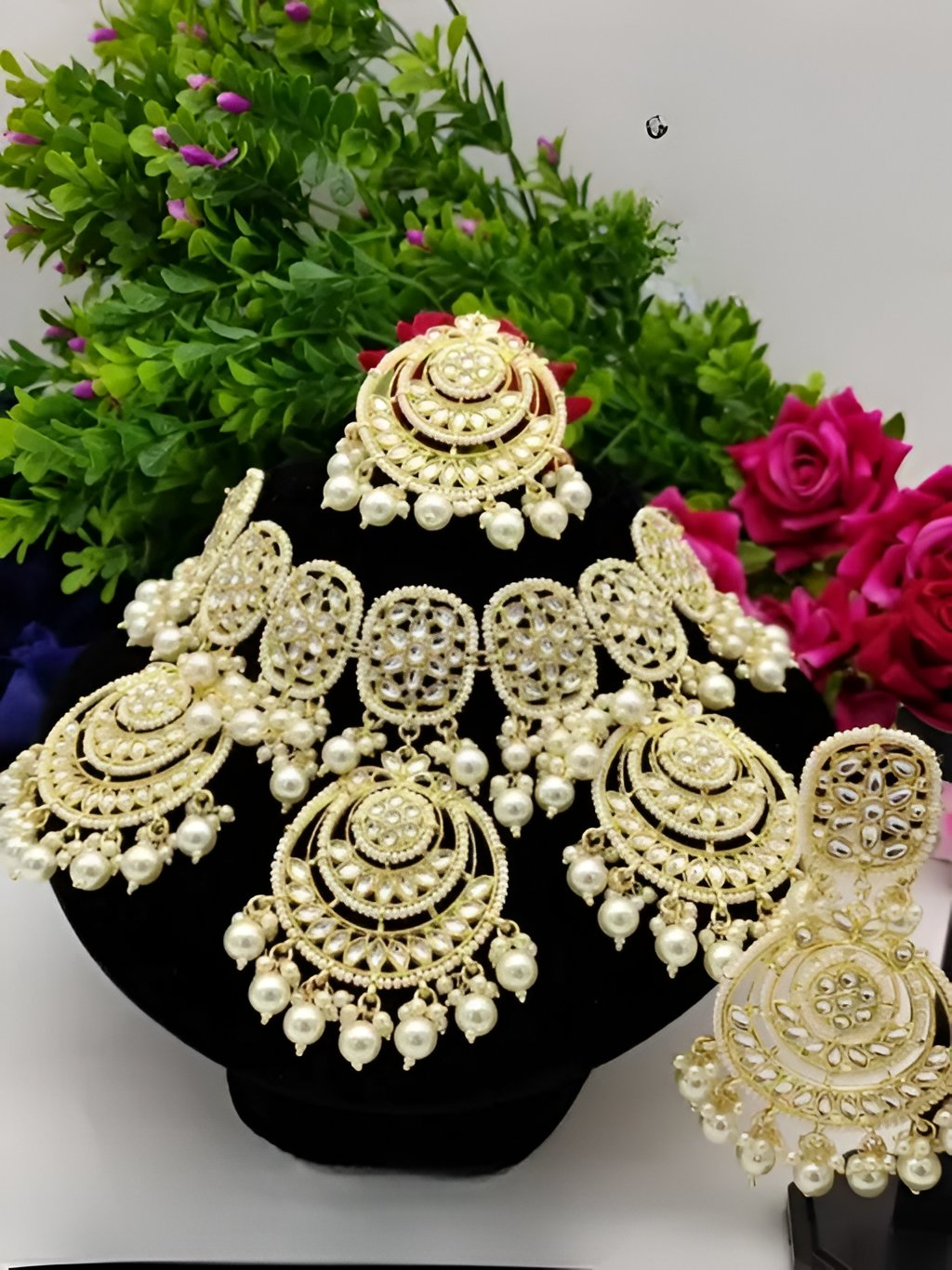 Jewel City Luxurious Pearl Gold-Plated Kundan Choker Necklace Set with Earrings & Maang Tikka-Traditional Indian Bridal Jewelry | Grocsy