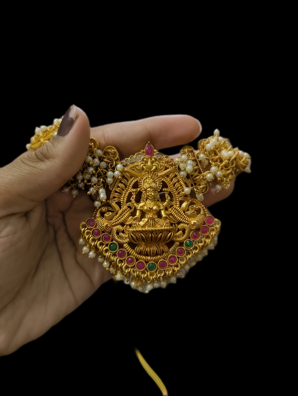 Jewel City Bridal Lakshmi Temple Necklace Set – Gold-Plated with Pearl Clusters | Grocsy