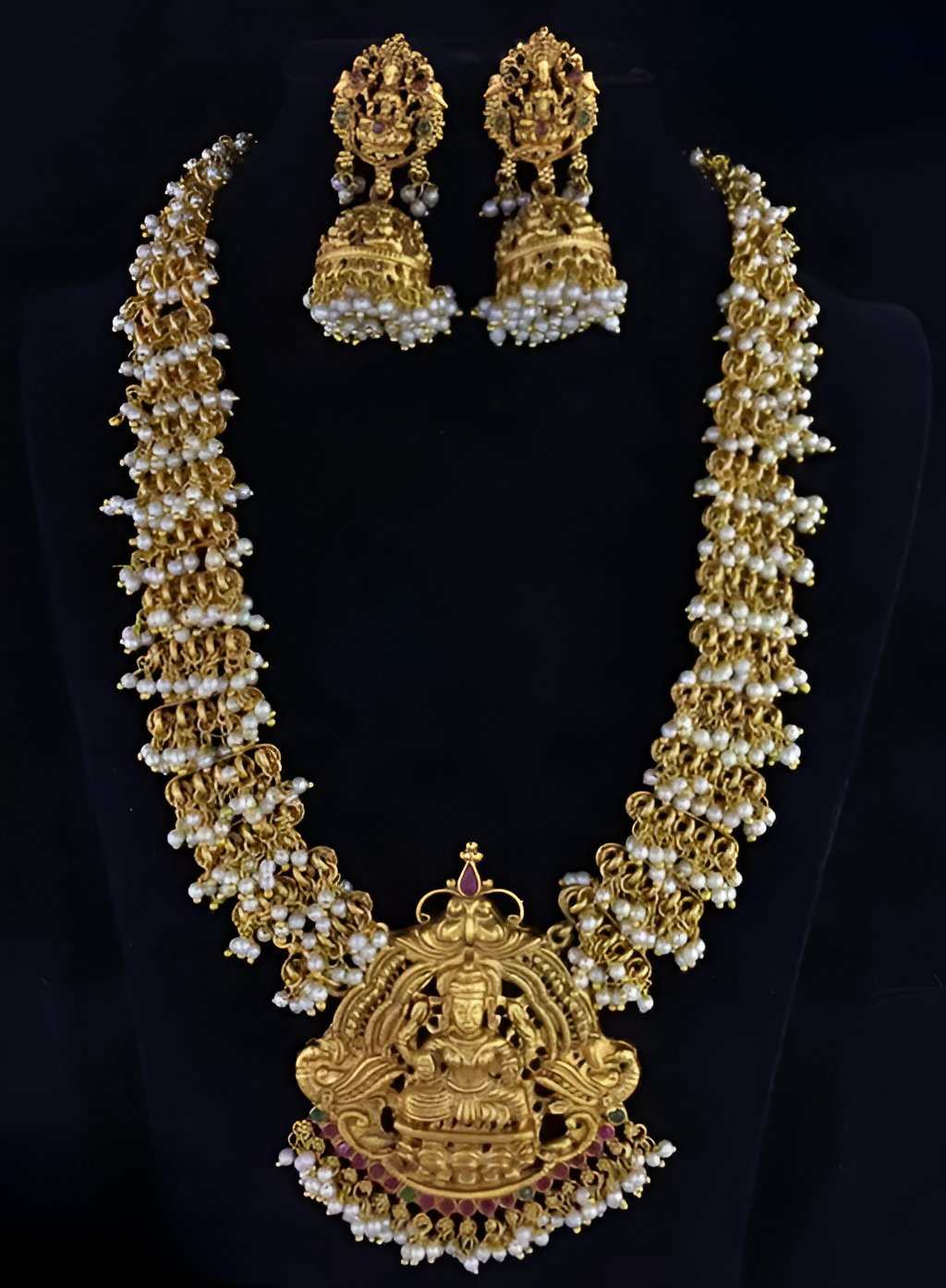 Jewel City Bridal Lakshmi Temple Necklace Set – Gold-Plated with Pearl Clusters | Grocsy