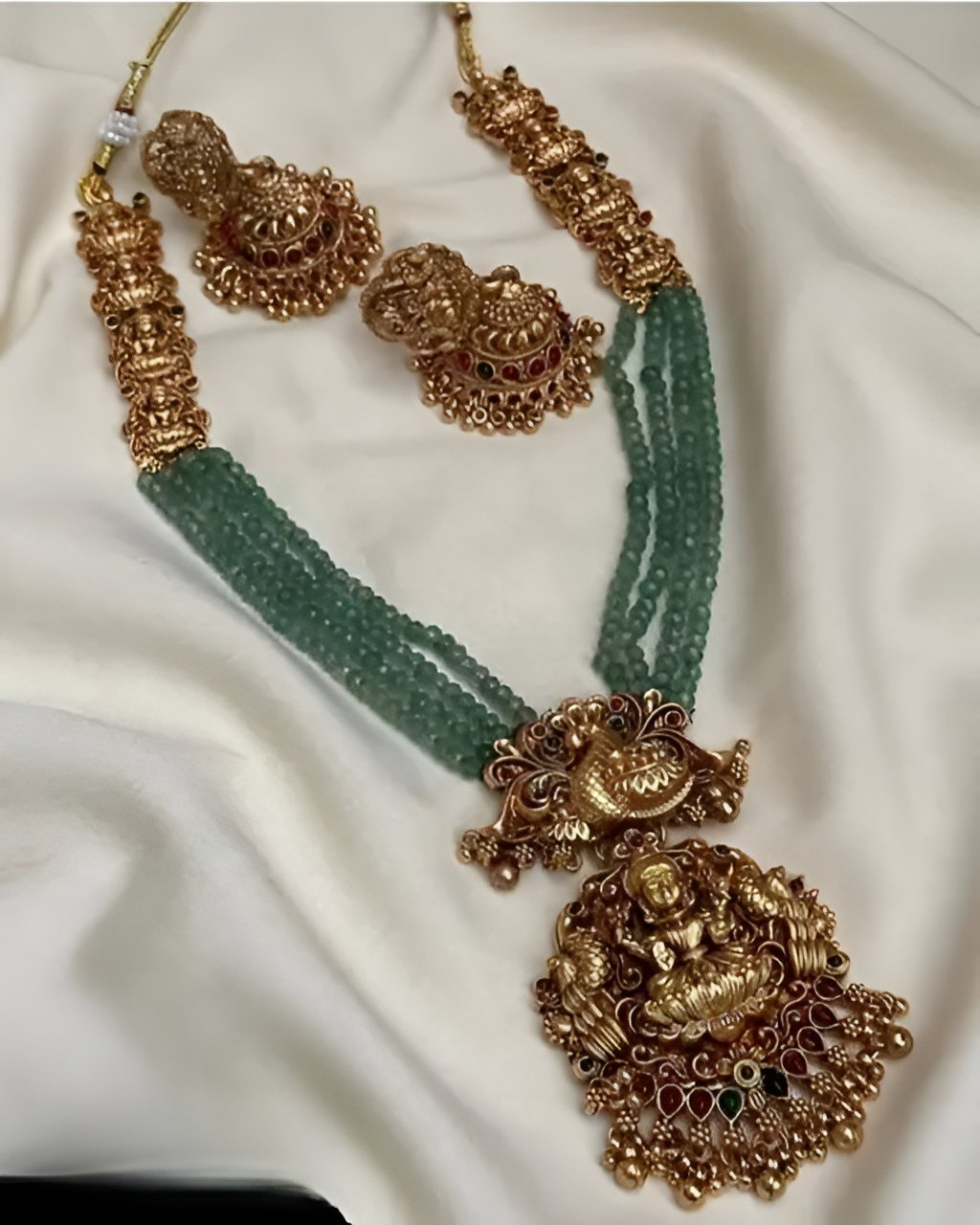 Jewel City Gold-Plated Temple Jewelry Set with Green Beads – Lakshmi & Peacock Design | Grocsy