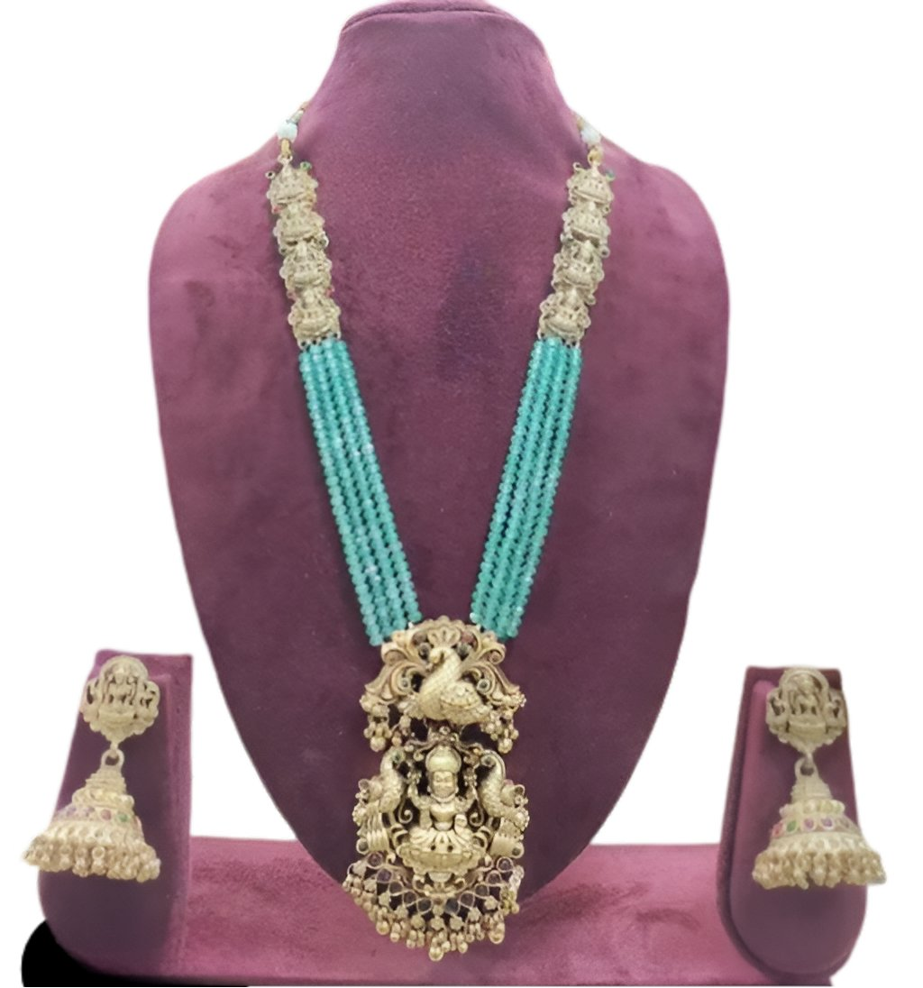 Jewel City Gold-Plated Temple Jewelry Set with Green Beads – Lakshmi & Peacock Design | Grocsy