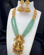 Jewel City Gold-Plated Temple Jewelry Set with Green Beads – Lakshmi & Peacock Design | Grocsy