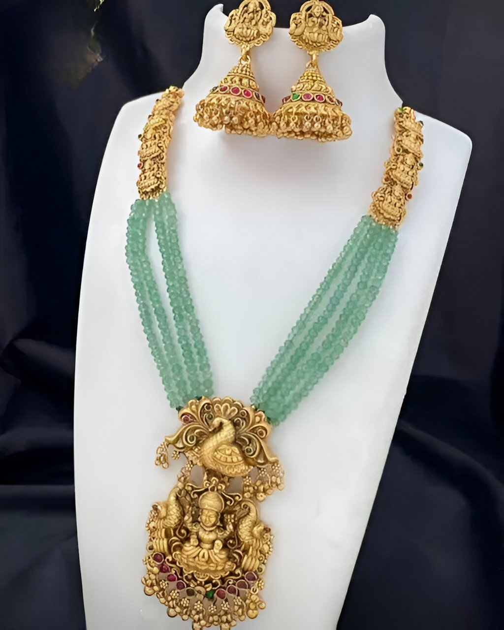 Jewel City Gold-Plated Temple Jewelry Set with Green Beads – Lakshmi & Peacock Design | Grocsy