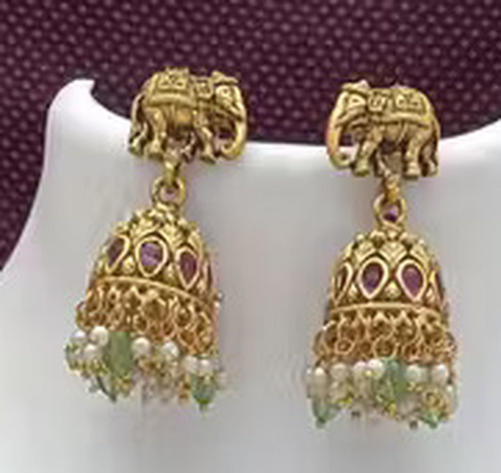 Jewel City Traditional Green Bead Temple Necklace with Lakshmi Pendant & Elephant Motif – Antique Gold-Plated South Indian Jewelry | Grocsy