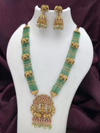 Jewel City Traditional Green Bead Temple Necklace with Lakshmi Pendant & Elephant Motif – Antique Gold-Plated South Indian Jewelry | Grocsy