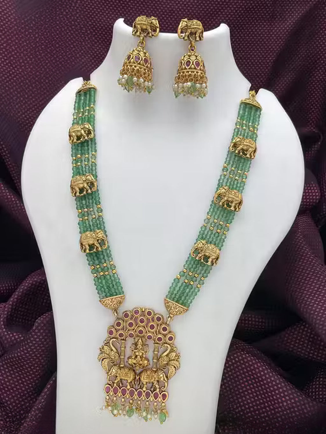 Jewel City Traditional Green Bead Temple Necklace with Lakshmi Pendant & Elephant Motif – Antique Gold-Plated South Indian Jewelry | Grocsy