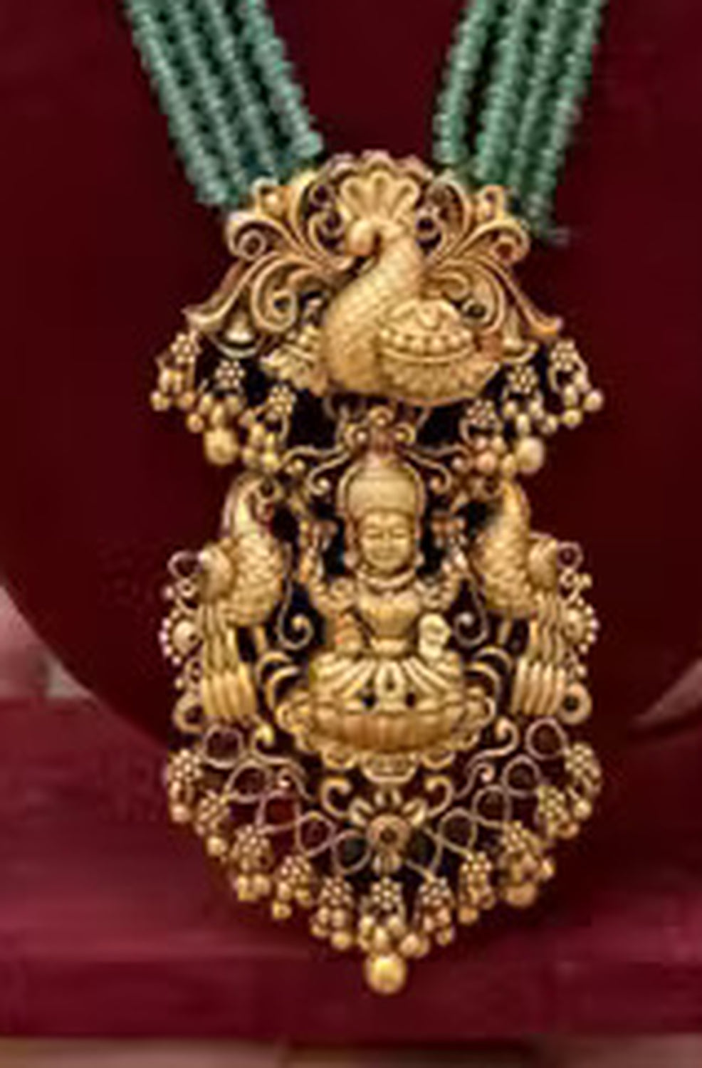Jewel City Traditional Multi-Strand Green Temple Lakshmi Pendant Necklace Set Antique Gold-Plated South Indian Bridal Jewelry Set | Grocsy