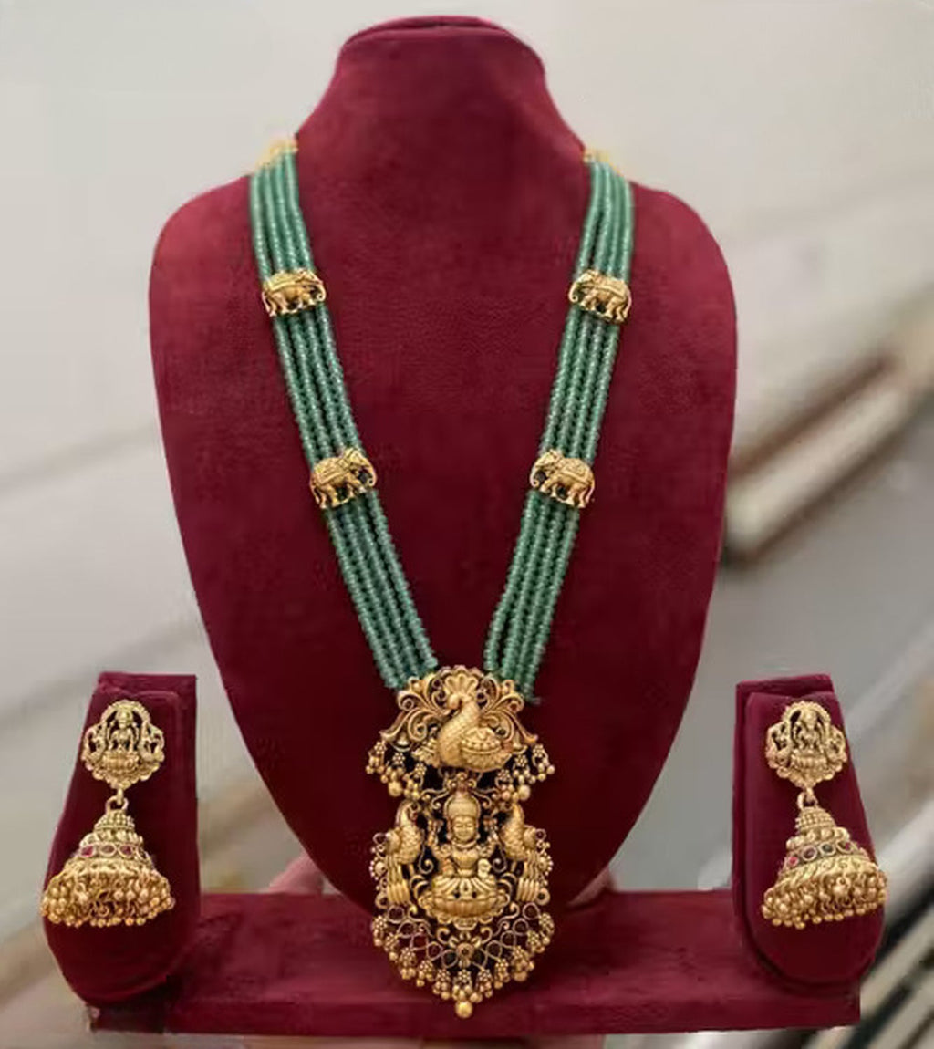 Jewel City Traditional Multi-Strand Green Temple Lakshmi Pendant Necklace Set Antique Gold-Plated South Indian Bridal Jewelry Set | Grocsy
