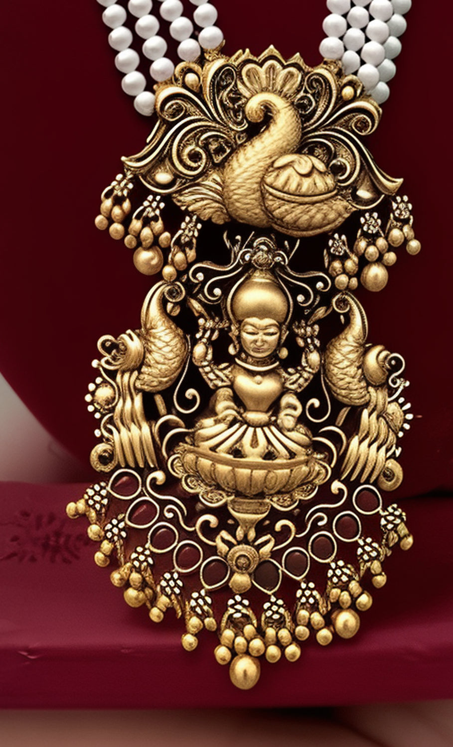 Jewel City Traditional Multi-Strand White Temple Lakshmi Pendant Necklace Set Antique Gold-Plated South Indian Bridal Jewelry Set | Grocsy