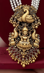 Jewel City Traditional Multi-Strand White Temple Lakshmi Pendant Necklace Set Antique Gold-Plated South Indian Bridal Jewelry Set | Grocsy