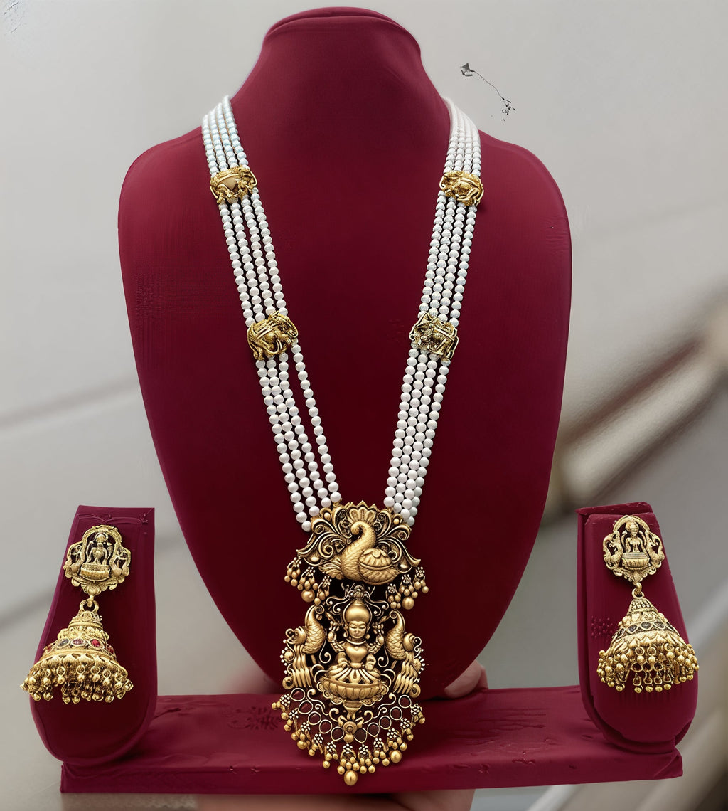 Jewel City Traditional Multi-Strand White Temple Lakshmi Pendant Necklace Set Antique Gold-Plated South Indian Bridal Jewelry Set | Grocsy