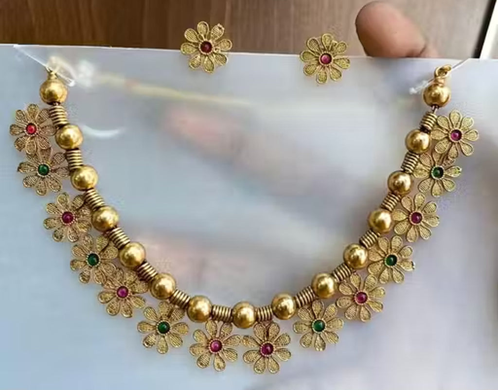 Jewel City Handcrafted Gold-Plated Floral Choker Necklace Set with Red & Green Stones – Ethnic Bridal Jewelry Set | Grocsy