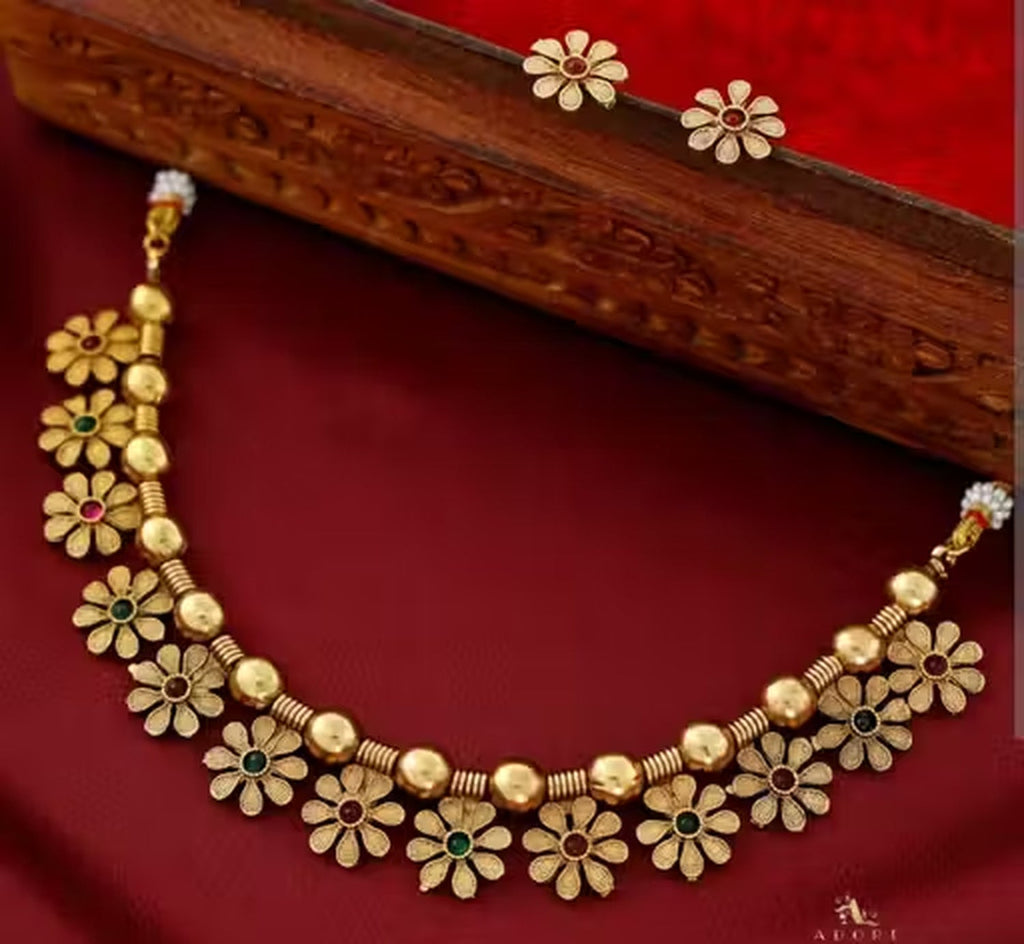 Jewel City Handcrafted Gold-Plated Floral Choker Necklace Set with Red & Green Stones – Ethnic Bridal Jewelry Set | Grocsy