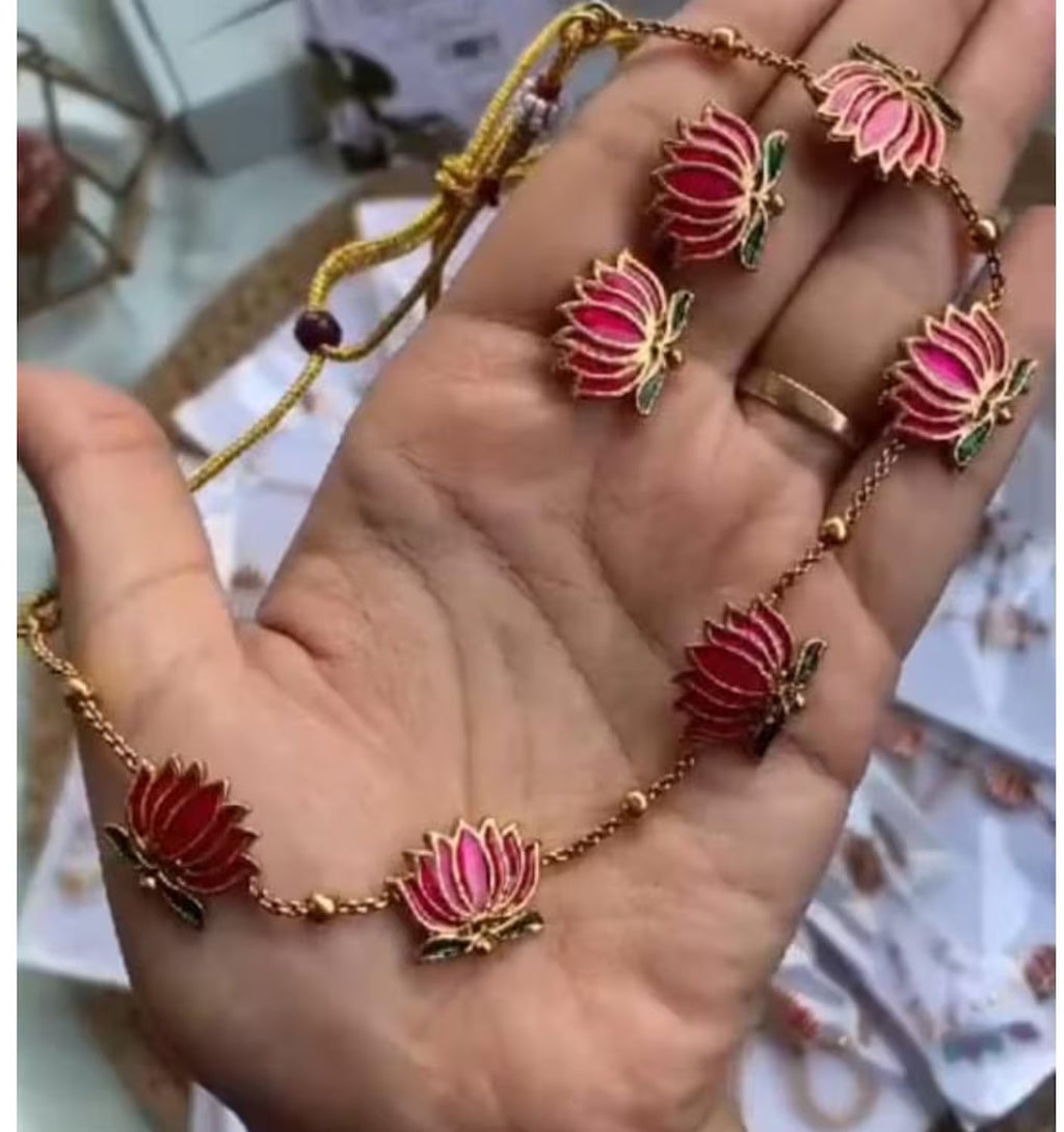 Jewel City Handcrafted Lotus Meenakari Necklace & Stud Earrings Set – Gold-Plated Ethnic Floral Jewelry Wear | Grocsy