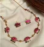 Jewel City Handcrafted Lotus Meenakari Necklace & Stud Earrings Set – Gold-Plated Ethnic Floral Jewelry Wear | Grocsy