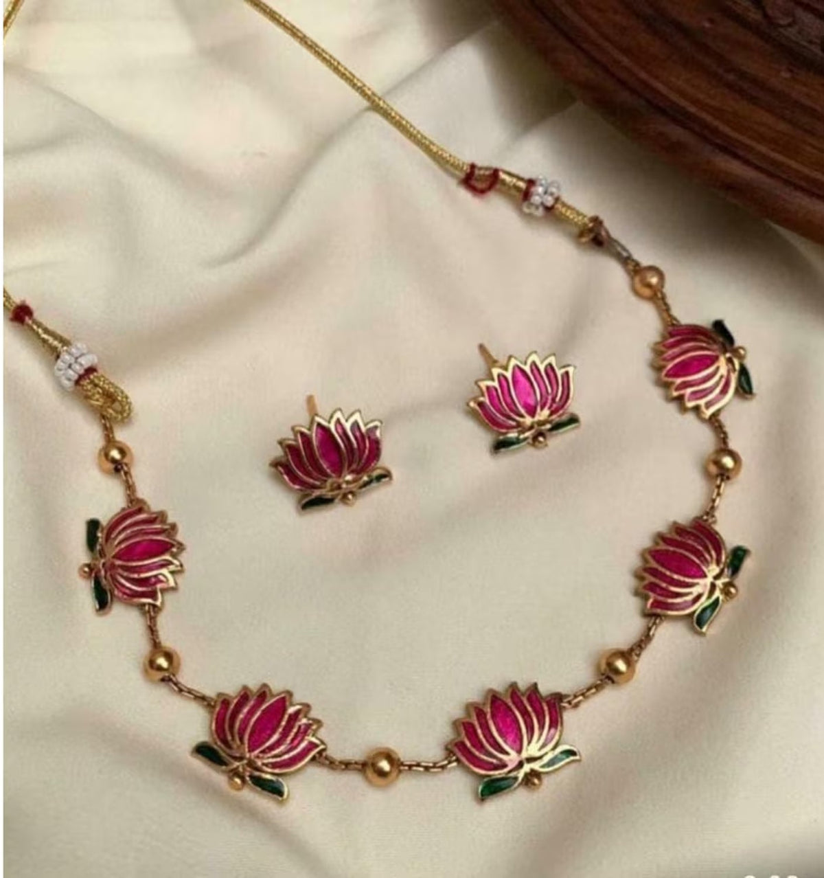 Jewel City Handcrafted Lotus Meenakari Necklace & Stud Earrings Set – Gold-Plated Ethnic Floral Jewelry Wear | Grocsy