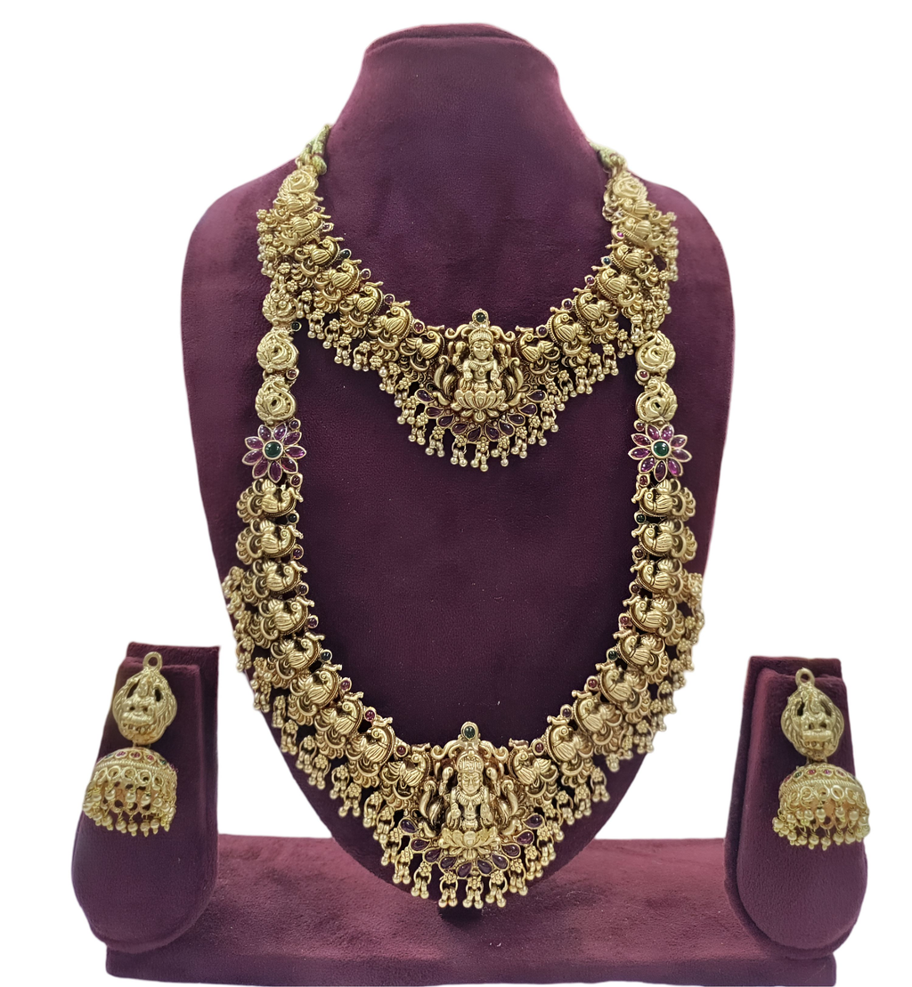 Jewel City Lakshmi Temple Jewelry Set - Gold-Plated Long Necklace with Choker & Earrings - Kemp Stone Traditional Bridal Collection | Grocsy