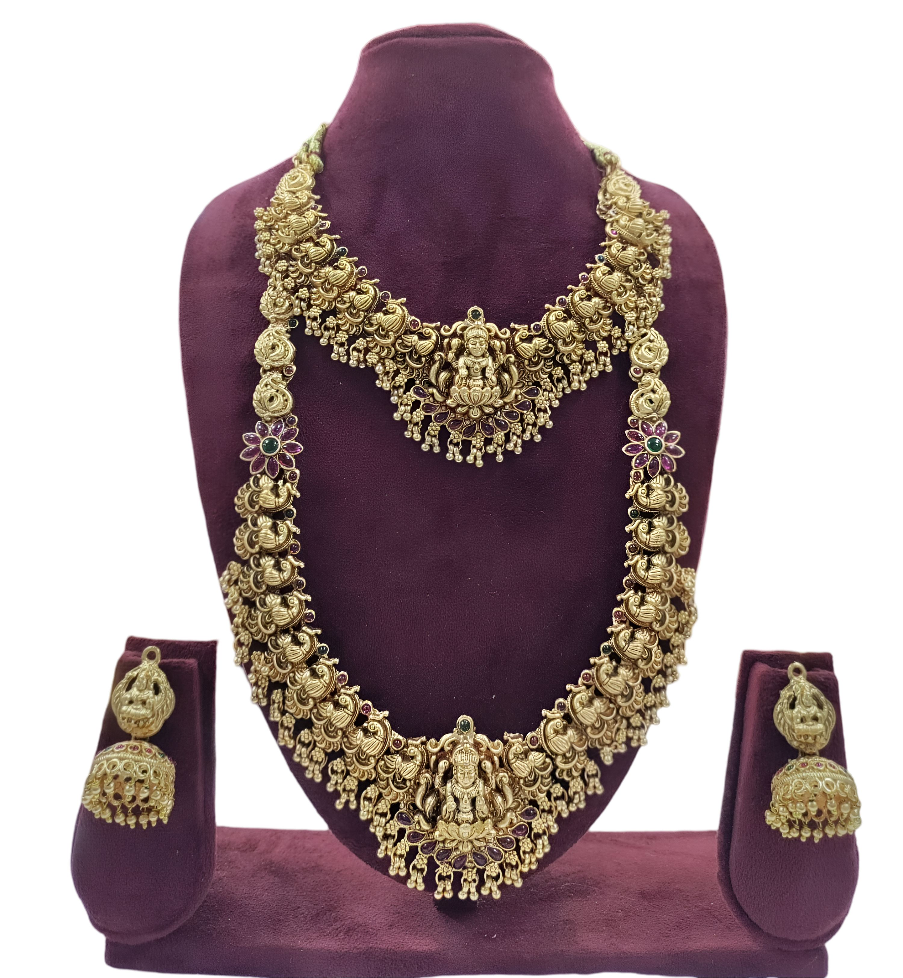 Jewel City Lakshmi Temple Jewelry Set - Gold-Plated Long Necklace with Choker & Earrings - Kemp Stone Traditional Bridal Collection | Grocsy