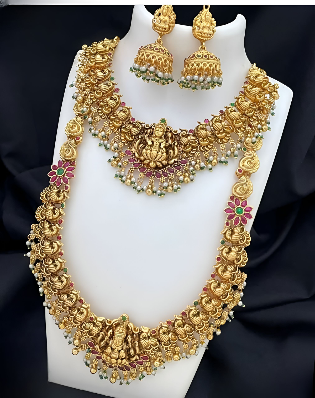 Jewel City Lakshmi Temple Jewelry Set - Gold-Plated Long Necklace with Choker & Earrings - Kemp Stone Traditional Bridal Collection | Grocsy