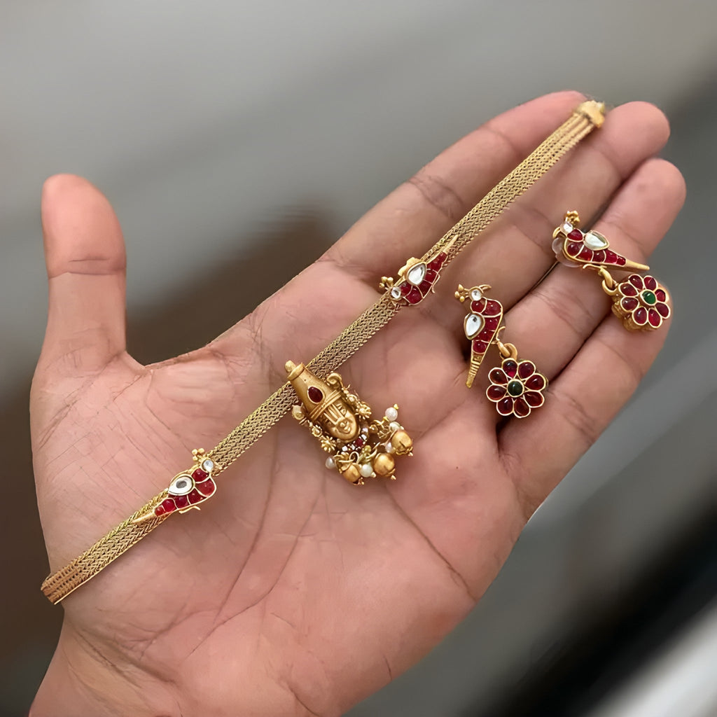 Jewel City Lord Balaji Temple Necklace Set - Antique Gold Finish Choker with Earrings | Traditional South Indian Religious Jewelry | Grocsy