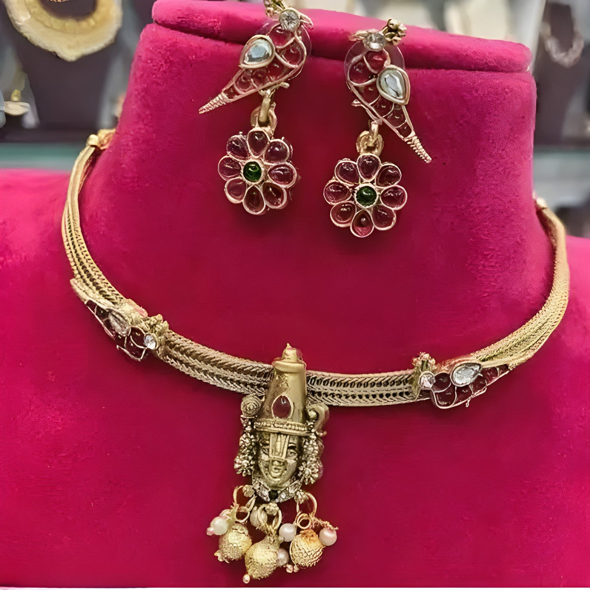 Jewel City Lord Balaji Temple Necklace Set - Antique Gold Finish Choker with Earrings | Traditional South Indian Religious Jewelry | Grocsy