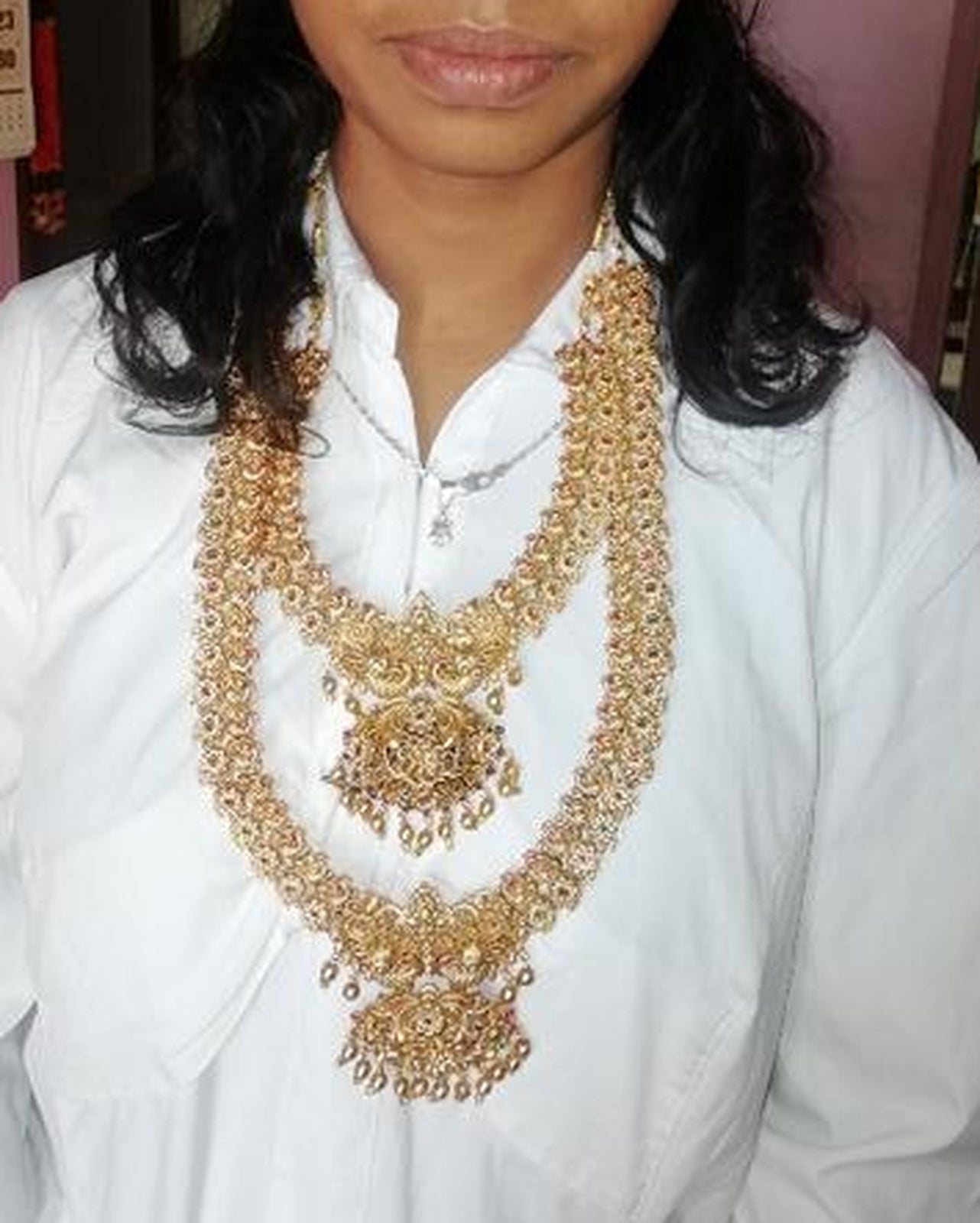 Jewel City Antique Gold Long Necklace Set - Traditional South Indian Temple Design Double Layer Bridal Jewelry with Lakshmi Pendant | Grocsy