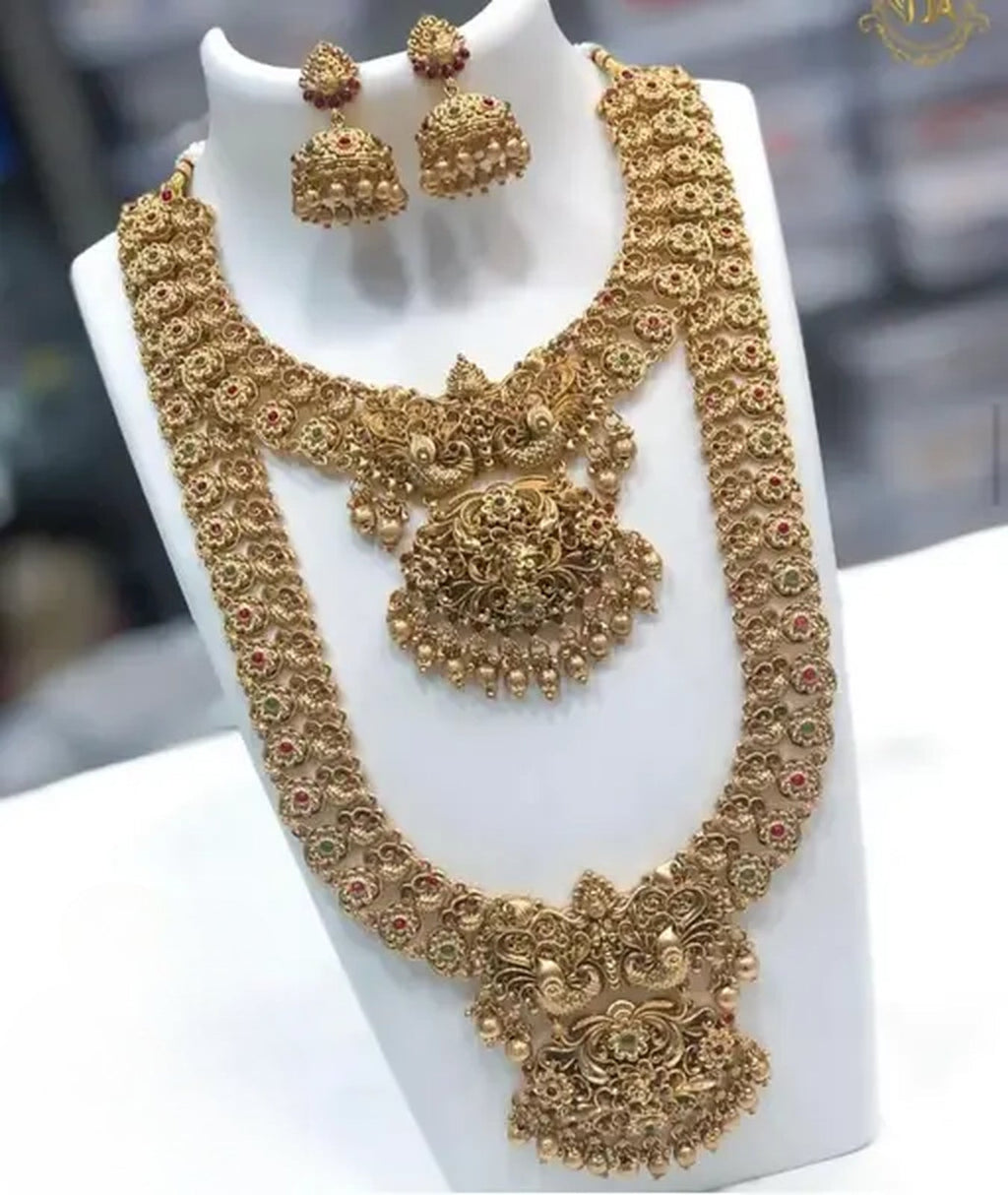 Jewel City Antique Gold Long Necklace Set - Traditional South Indian Temple Design Double Layer Bridal Jewelry with Lakshmi Pendant | Grocsy