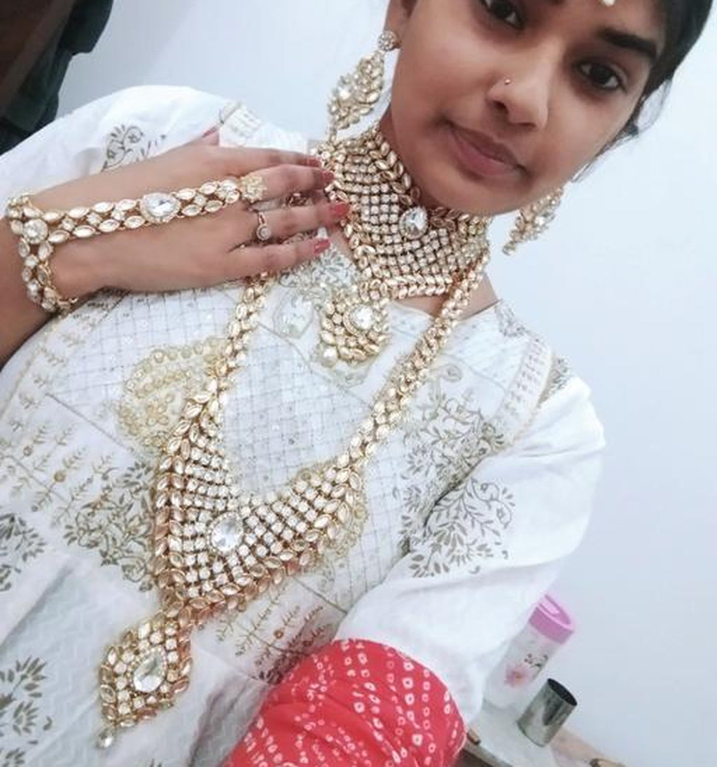 Jewel City Bridal Kundan Jewelry Set for Women Traditional Gold-Plated Indian Necklace,Earrings, Maang Tikka, Hathphool & Nath | Grocsy