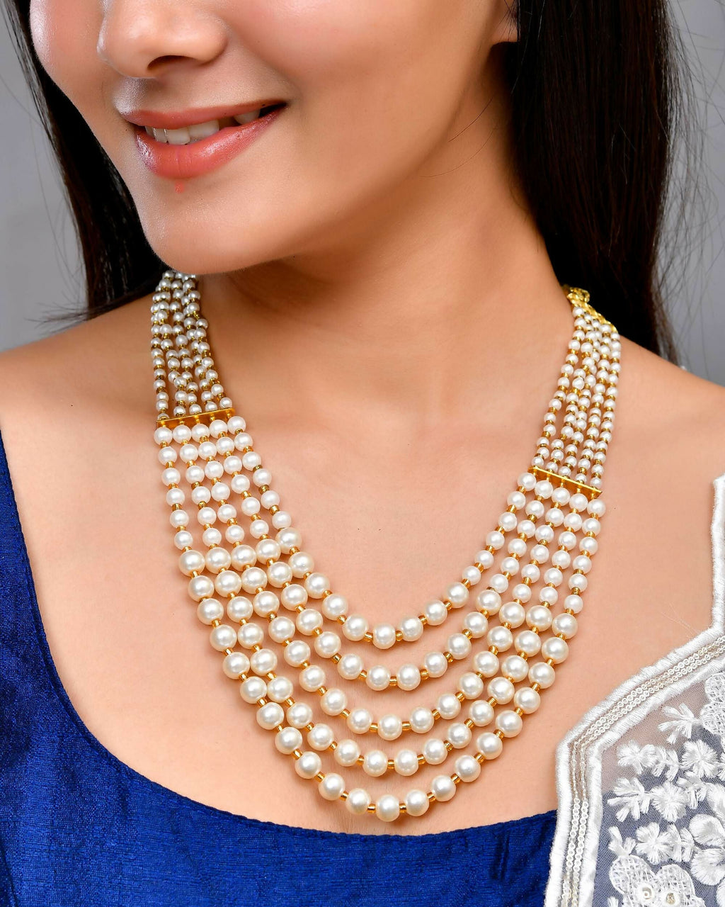 VOJ Gold-Polished Multi Layered Pearl Maharani Necklace | Grocsy