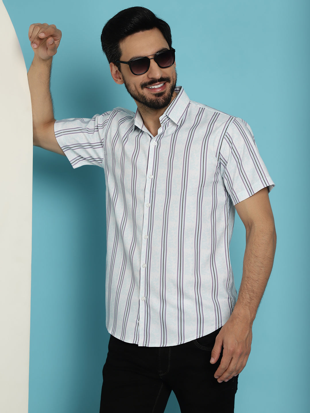 Indian Needle Men's Vertical Striped Half Sleeve Casual Shirt - Blue | Grocsy