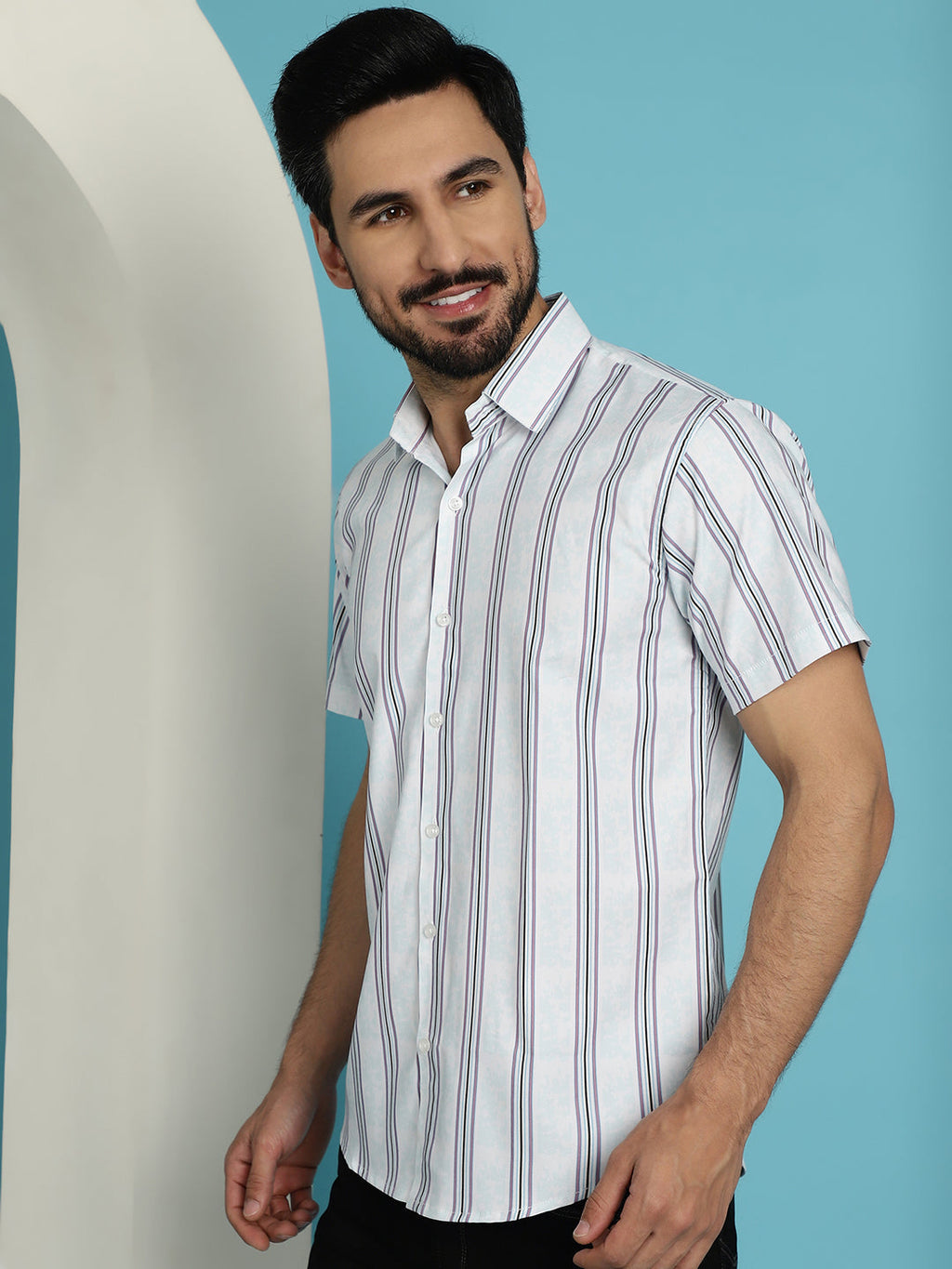 Indian Needle Men's Vertical Striped Half Sleeve Casual Shirt - Blue | Grocsy