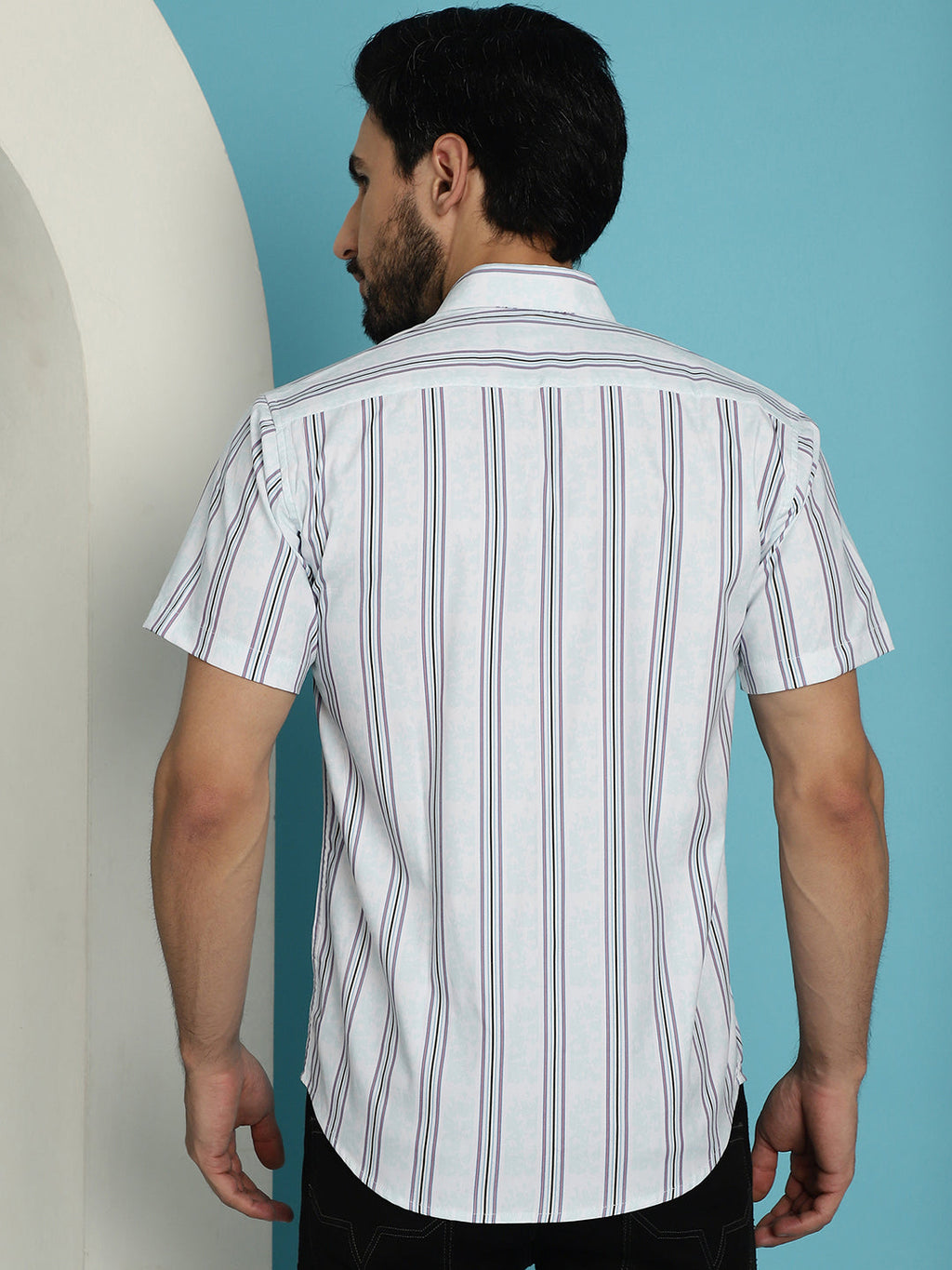 Indian Needle Men's Vertical Striped Half Sleeve Casual Shirt - Blue | Grocsy