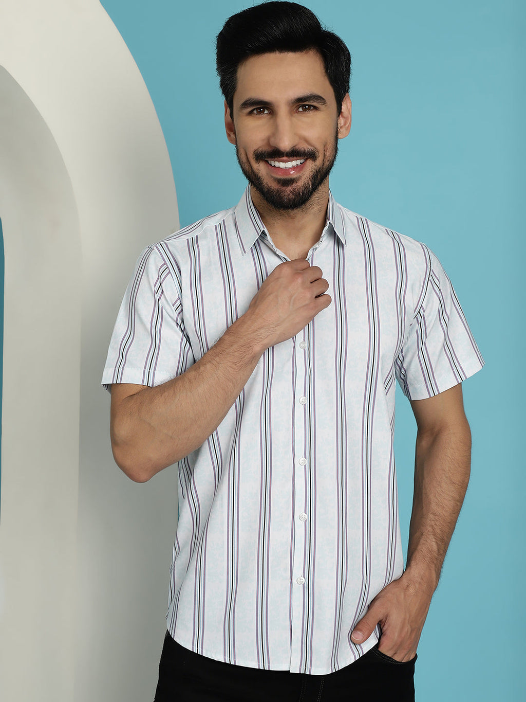 Indian Needle Men's Vertical Striped Half Sleeve Casual Shirt - Blue | Grocsy