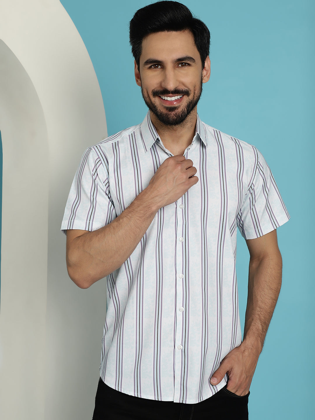 Indian Needle Men's Vertical Striped Half Sleeve Casual Shirt - Blue | Grocsy