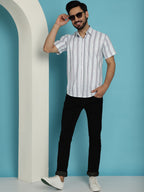 Indian Needle Men's Vertical Striped Half Sleeve Casual Shirt - Blue | Grocsy