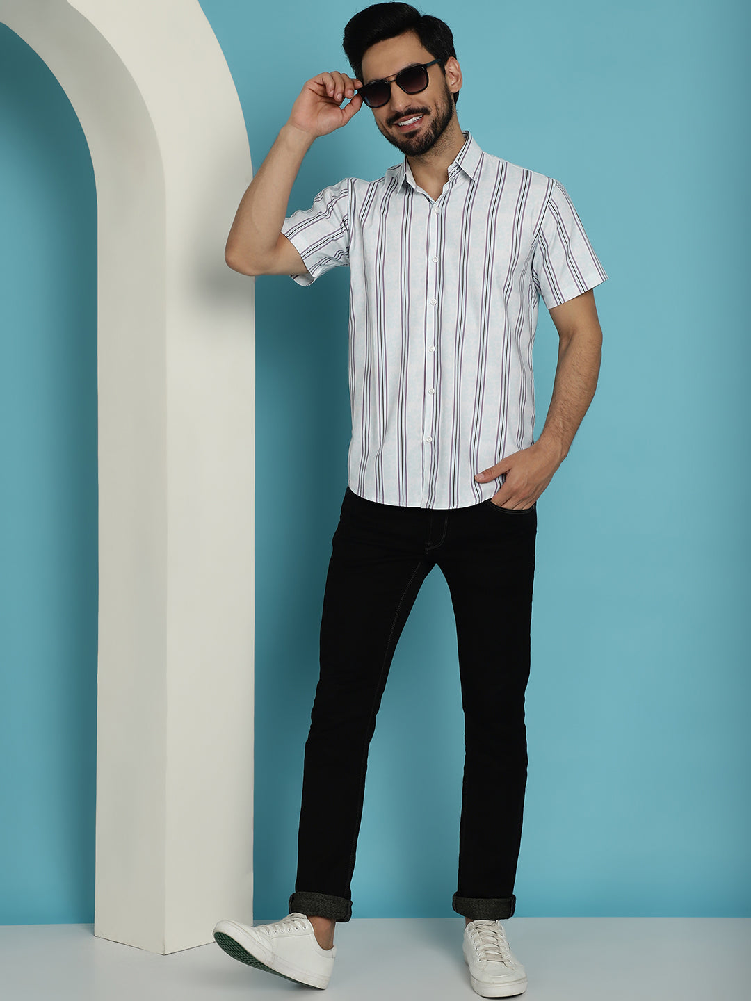 Indian Needle Men's Vertical Striped Half Sleeve Casual Shirt - Blue | Grocsy