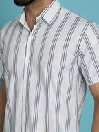 Indian Needle Men's Vertical Striped Half Sleeve Casual Shirt - Blue | Grocsy
