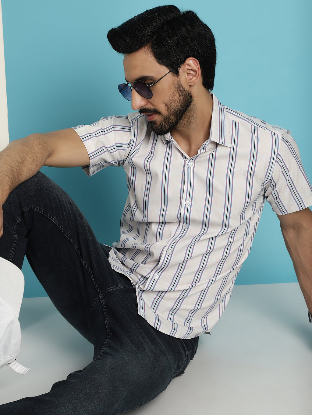 Indian Needle Men's Vertical Striped Half Sleeve Casual Shirt - Cream | Grocsy