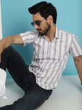 Indian Needle Men's Vertical Striped Half Sleeve Casual Shirt - Cream | Grocsy