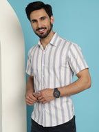 Indian Needle Men's Vertical Striped Half Sleeve Casual Shirt - Cream | Grocsy