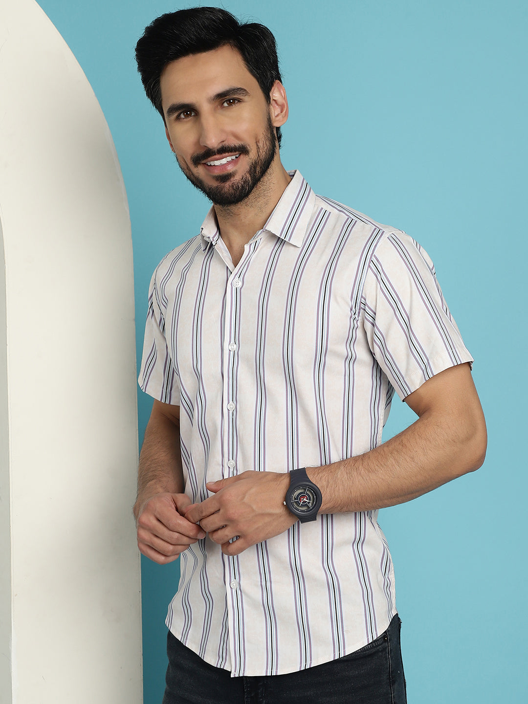 Indian Needle Men's Vertical Striped Half Sleeve Casual Shirt - Cream | Grocsy