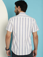 Indian Needle Men's Vertical Striped Half Sleeve Casual Shirt - Cream | Grocsy
