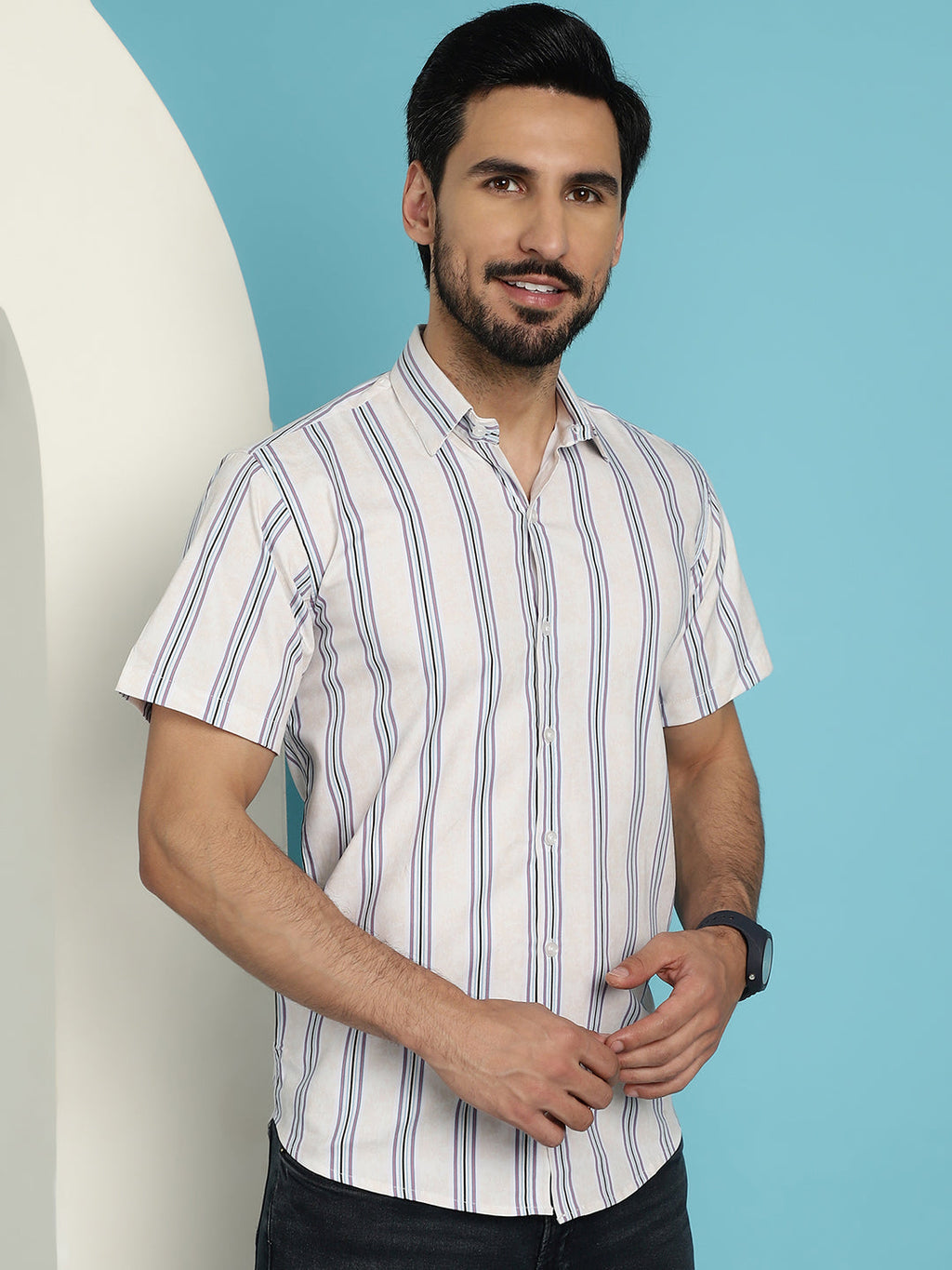 Indian Needle Men's Vertical Striped Half Sleeve Casual Shirt - Cream | Grocsy