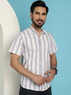 Indian Needle Men's Vertical Striped Half Sleeve Casual Shirt - Cream | Grocsy