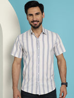 Indian Needle Men's Vertical Striped Half Sleeve Casual Shirt - Cream | Grocsy