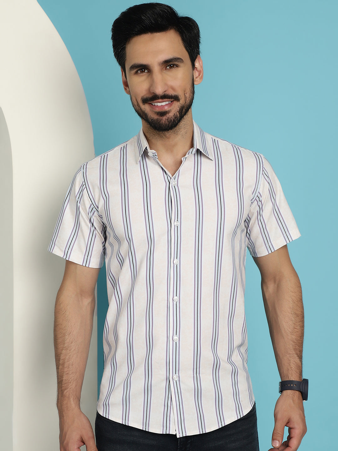 Indian Needle Men's Vertical Striped Half Sleeve Casual Shirt - Cream | Grocsy