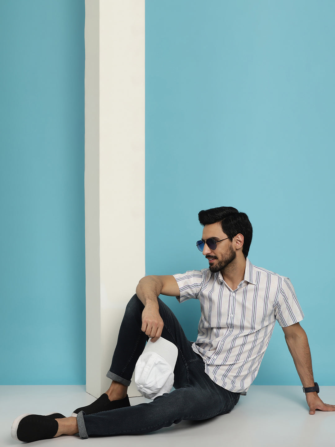 Indian Needle Men's Vertical Striped Half Sleeve Casual Shirt - Cream | Grocsy