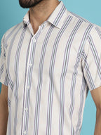 Indian Needle Men's Vertical Striped Half Sleeve Casual Shirt - Cream | Grocsy