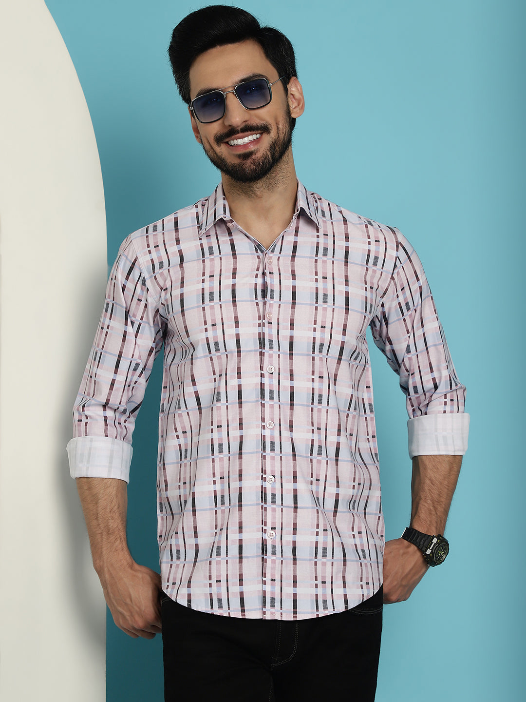 Indian Needle Men's Cotton Blend Checked Casual Shirt - Light-Brown | Grocsy