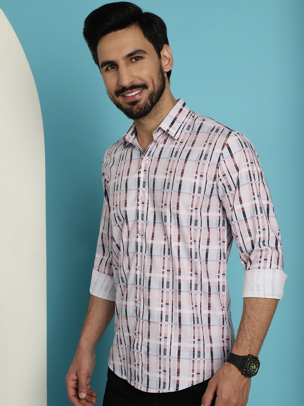 Indian Needle Men's Cotton Blend Checked Casual Shirt - Light-Brown | Grocsy